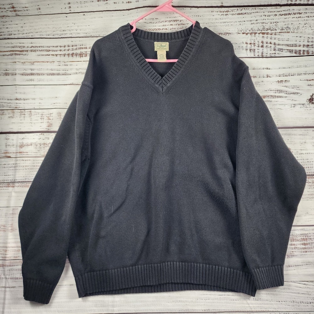 LL Bean Sweater Men's Large V-Neck Knit Pullover Black Knit Sweater OFW82